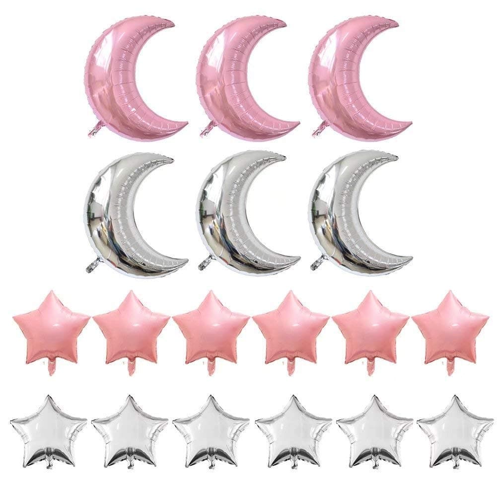 Crescent Moon Shaped Mylar Balloons 36 inch Moon and Star Party Balloons Pack of 18 for Birthday Party Anniversary Celebrate Parties Wedding Baby Shower Decorations (Pink and Silver)