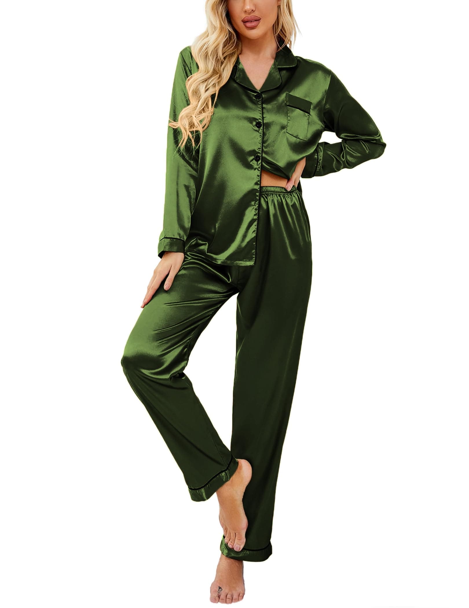 EkouaerWomen's Classic Button Down Long Satin Silk Pajama Set