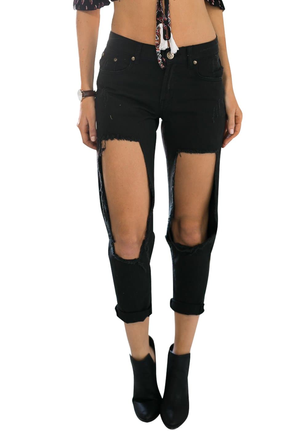 Wink Gal Women's Boyfriend Broken Hole Washed Denim Jeans