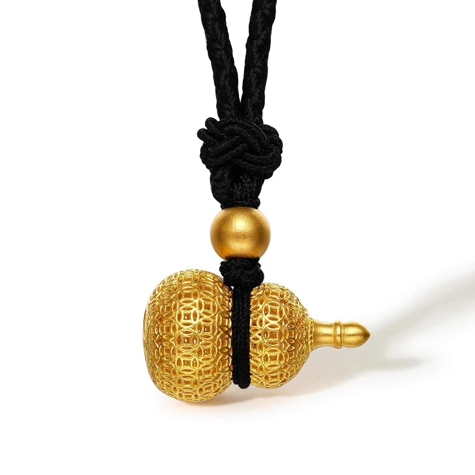 ZHOU LIU FU24CT Solid Gold Pendant Necklace Lucky Gourd/Ruyi/Phoenix Real Gold Pendant Necklace with Jewelry Box for Unisex Women Men Couple (with Black Rope 65-75CM)