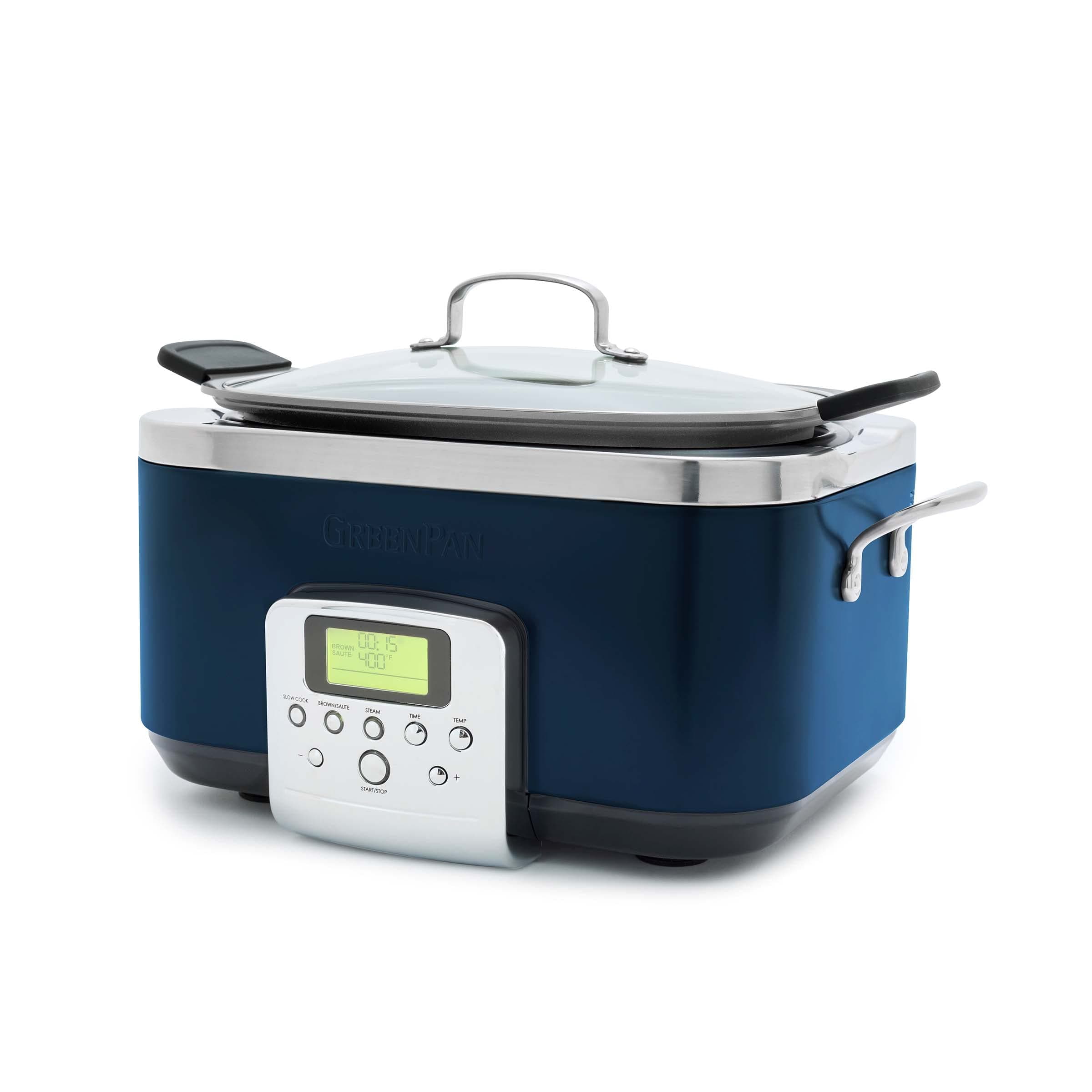 Elite 8-in-1 Programmable 6QT Electric Slow Cooker,Dishwasher Safe Lid & Removable Crock, PFAS-Free Healthy Ceramic Nonstick Multi-Cooker,Sear, Sauté,Brown,Steam Basket,Roast, Oxford Blue