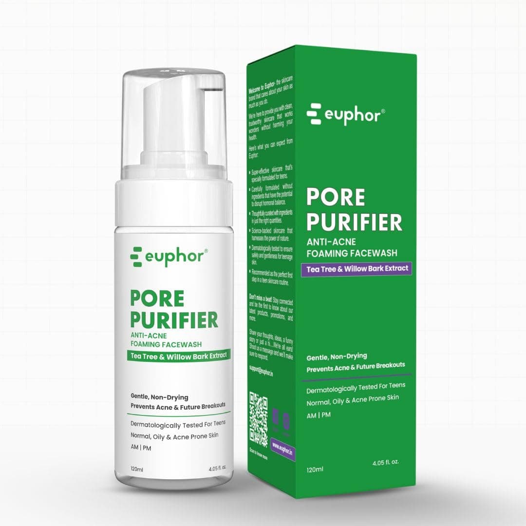 euphor Teens PORE PURIFIER | Anti-acne Foaming Face Wash | Age 12+ | Prevents Acne and Future Breakouts | Facewash for Oily Skin | Salicylic Acid, Tea Tree, Willow Bark | for Women and Men | 120ml(1)