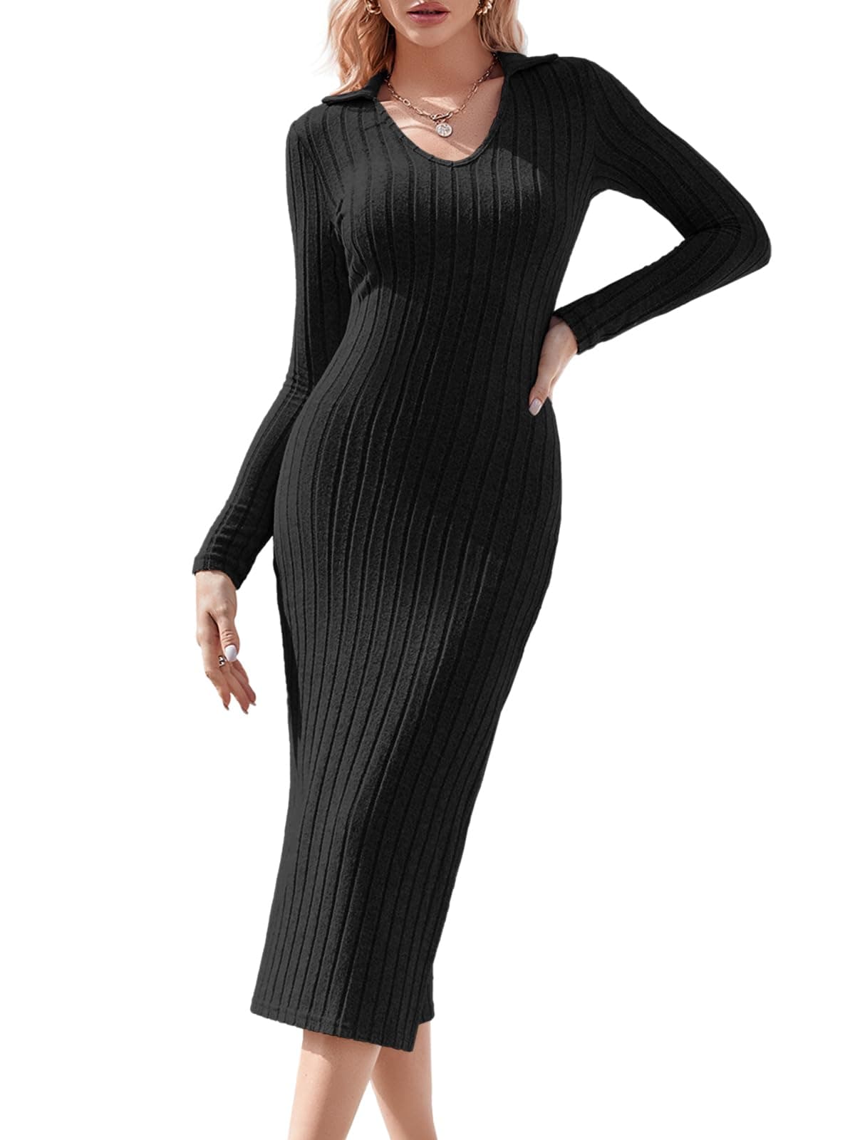 Wenrine Women's Long Sleeve Knit Dress V Neck Ribbed Lounge Bodycon Midi Dresses