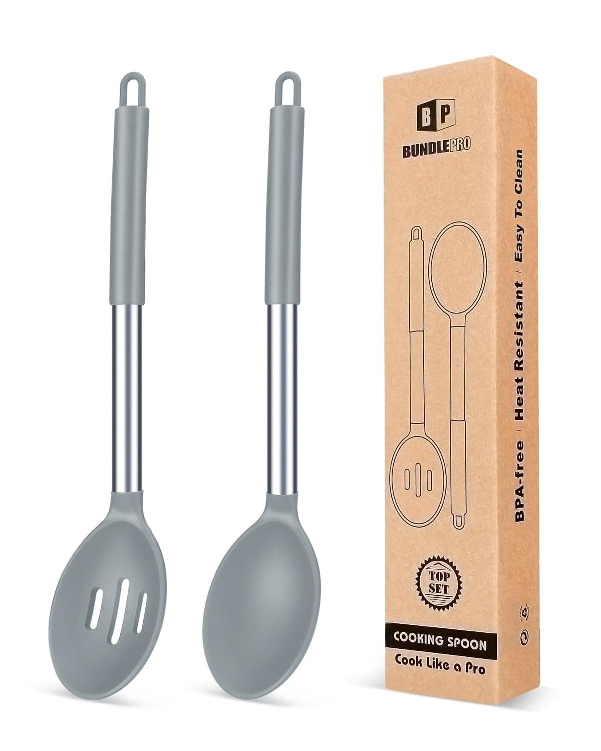 Pack of 2 Large Silicone Cooking Spoons,Non Stick Solid Basting Spoon,Heat-Resistant Kitchen Utensils for Mixing,Serving,Draining,Stirring (GREY)