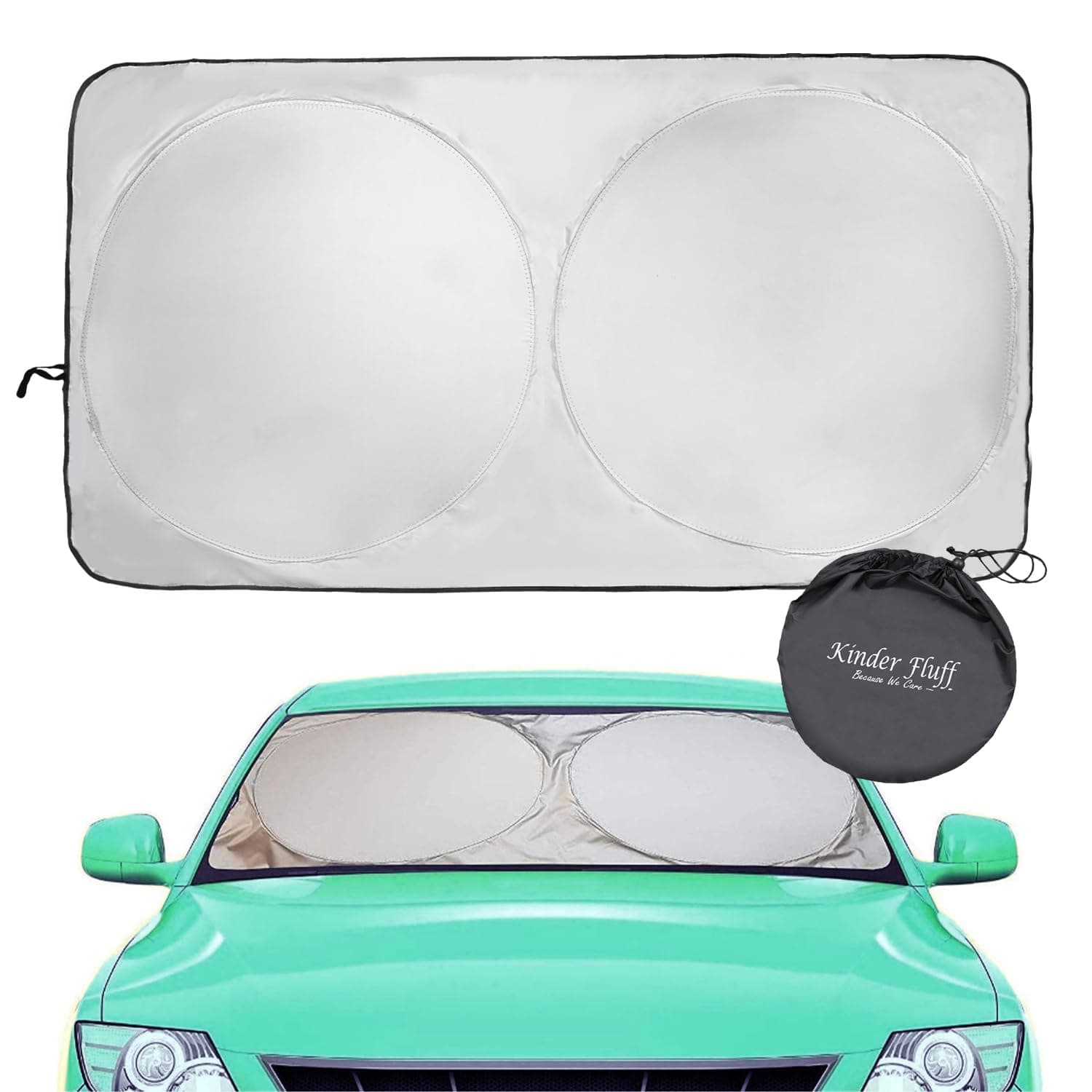 Windshield Sun Shade with Size Chart - Certified 99.87% UVB & 99.02% UVA Sun Protection. Award Winning Automotive Windshield Cover. Vehicle Heat Shield. Size L 63"x35" Car Sunshade by Kinder Fluff