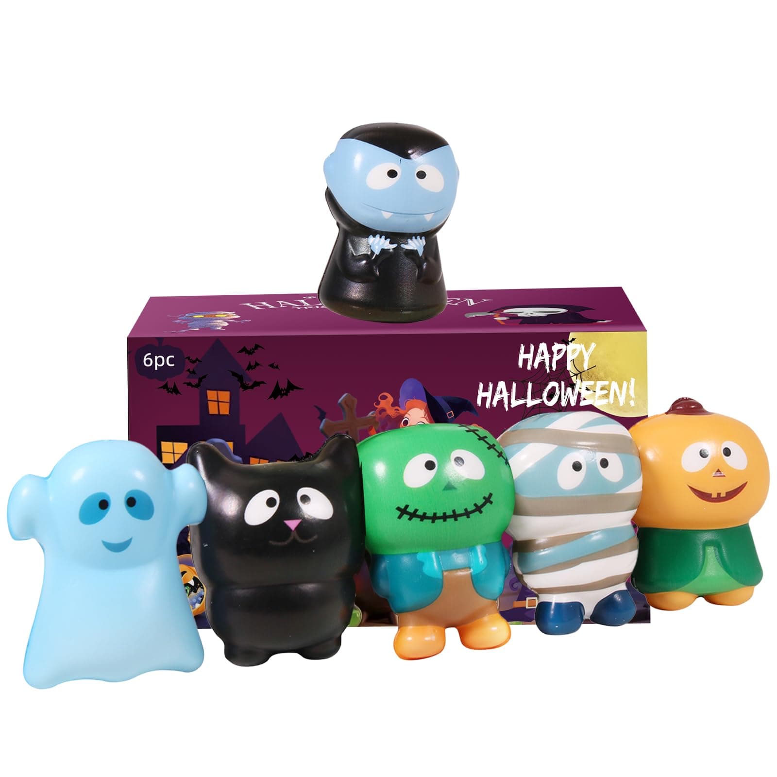 FauKait New 6 Packs-Halloween Squishies Toys Slow Rising Party Favors:Pumpkin,Zombie,Black Cat,Mummy,Vampire,Ghost Halloween Treat Bag Classroom Prizes,Stress Relief Toys for Kids Toddlers Gift