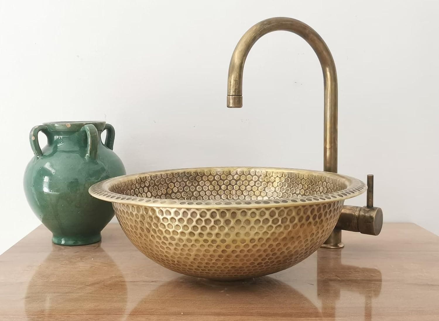 Custom Brushed Brass Bathroom Sink, Hammered Copper Above Counter Moroccan Vessel Bowl Basin with Drain (35cm = 14 inches)