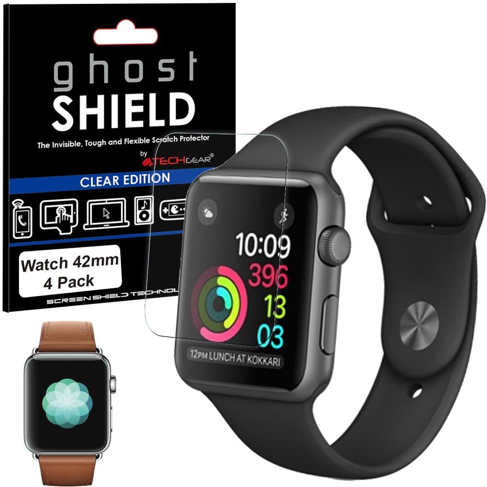 TECHGEAR [4 Pack] Screen Protectors to fit Apple Watch Series 3/2 / 1 42mm [ghostSHIELD Edition] Genuine Reinforced Flexible TPU Screen Protector Guard Covers with Full Coverage inc Curved Screen