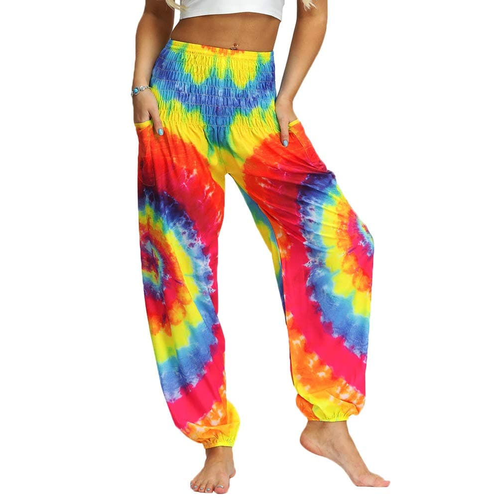 Women's Hippie Harem Trousers Smocked High Waisted Pockets Cuffed Yoga Pants