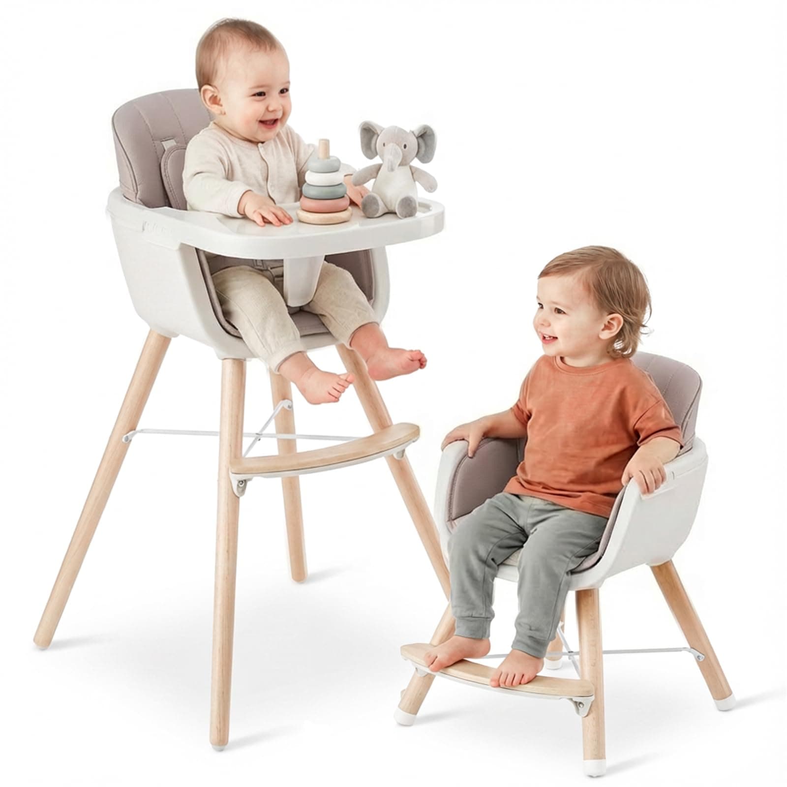 3-in-1 Wooden High Chair, Convertible High Chairs for Babies and Toddlers, Baby Highchair with Adjustable Legs & Dishwasher-Safe Tray, Sleek Hardwood & Premium PU Cushion, Pink