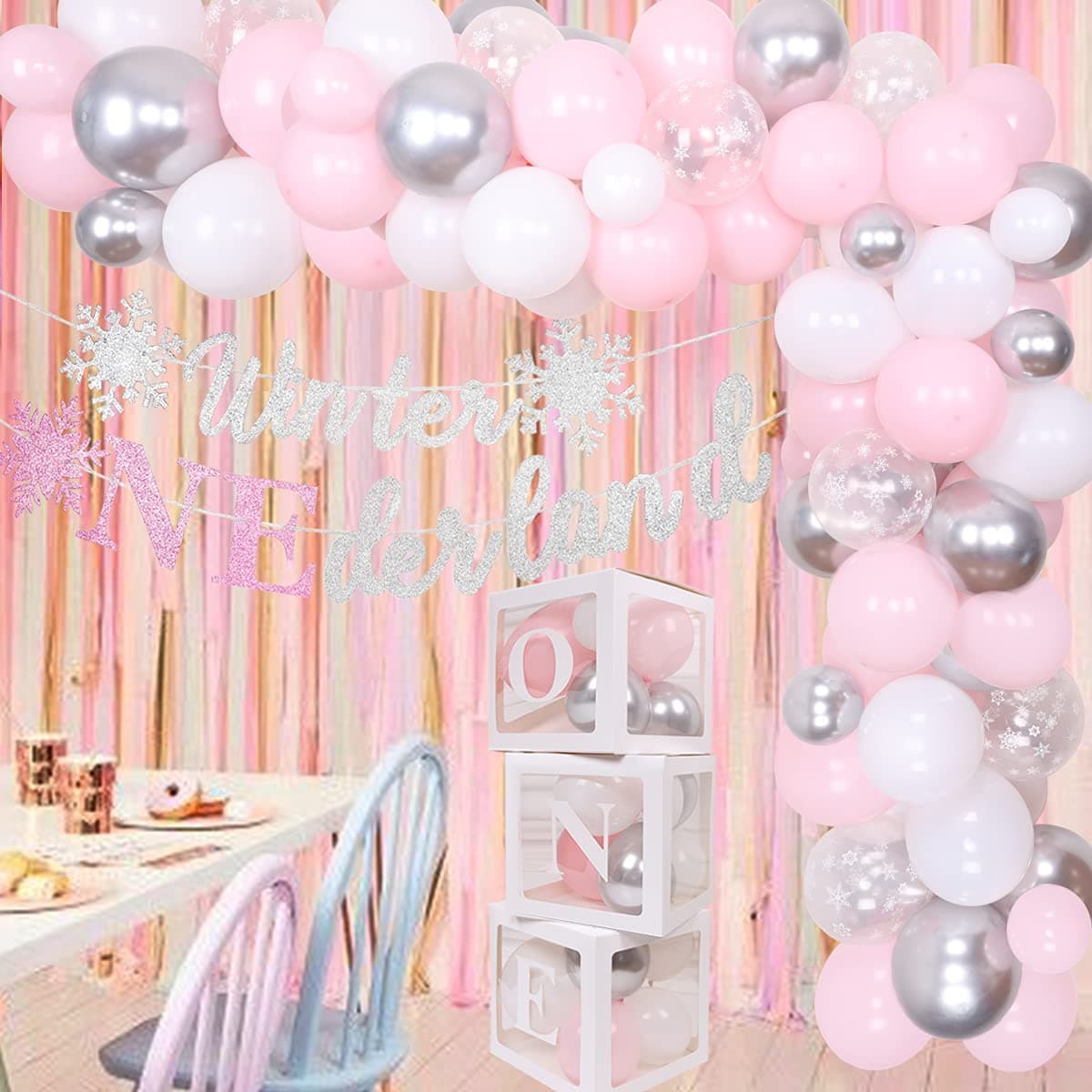 Winter 1st Birthday Decorations for Girls Snowflake Balloon Garland Arch Kit Pink Sliver Winter Onederland Banner One Balloon Boxes for Baby Girls First Birthday Party Supplies