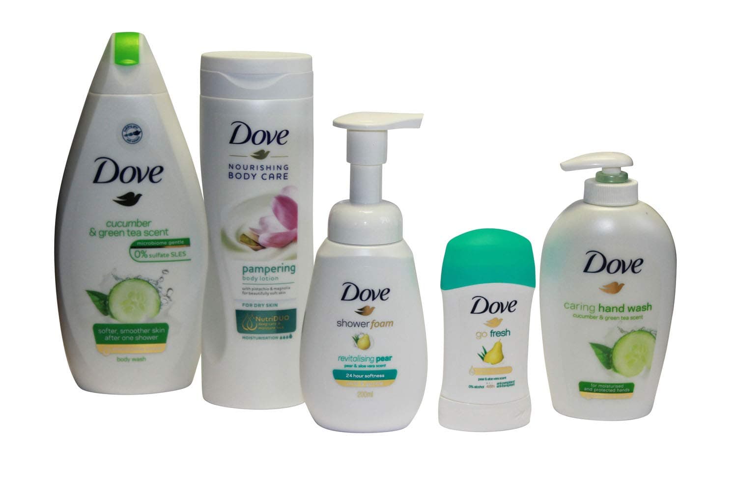 Dove Bath and Body Green Bundle — 5 Items — 500ml Body Wash, 400ml Body Lotion, 200ml Shower Foam, 40ml Deodorant Stick and 250ml Cream Hand Wash