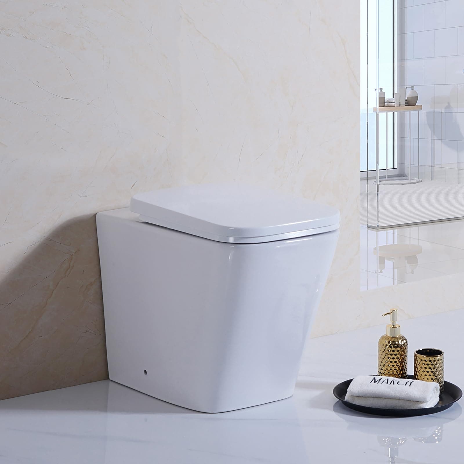 Modern Square Back to Wall Toilet WC Short Projection Toilet, BTW Bathrooms Toilets White Ceramic WC Pan with Soft Close Seat Concealed Pipe Work Space Saving Toilet [Energy Class A+++]