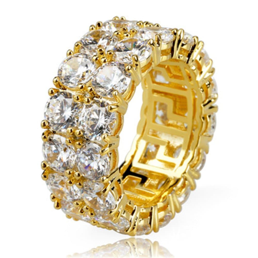 MCSAYS Hip Hop Jewelry CZ Zircon 2 Row Tennis Chain Rings Gold Plated Dimond Mens Fashion Ring Gifts