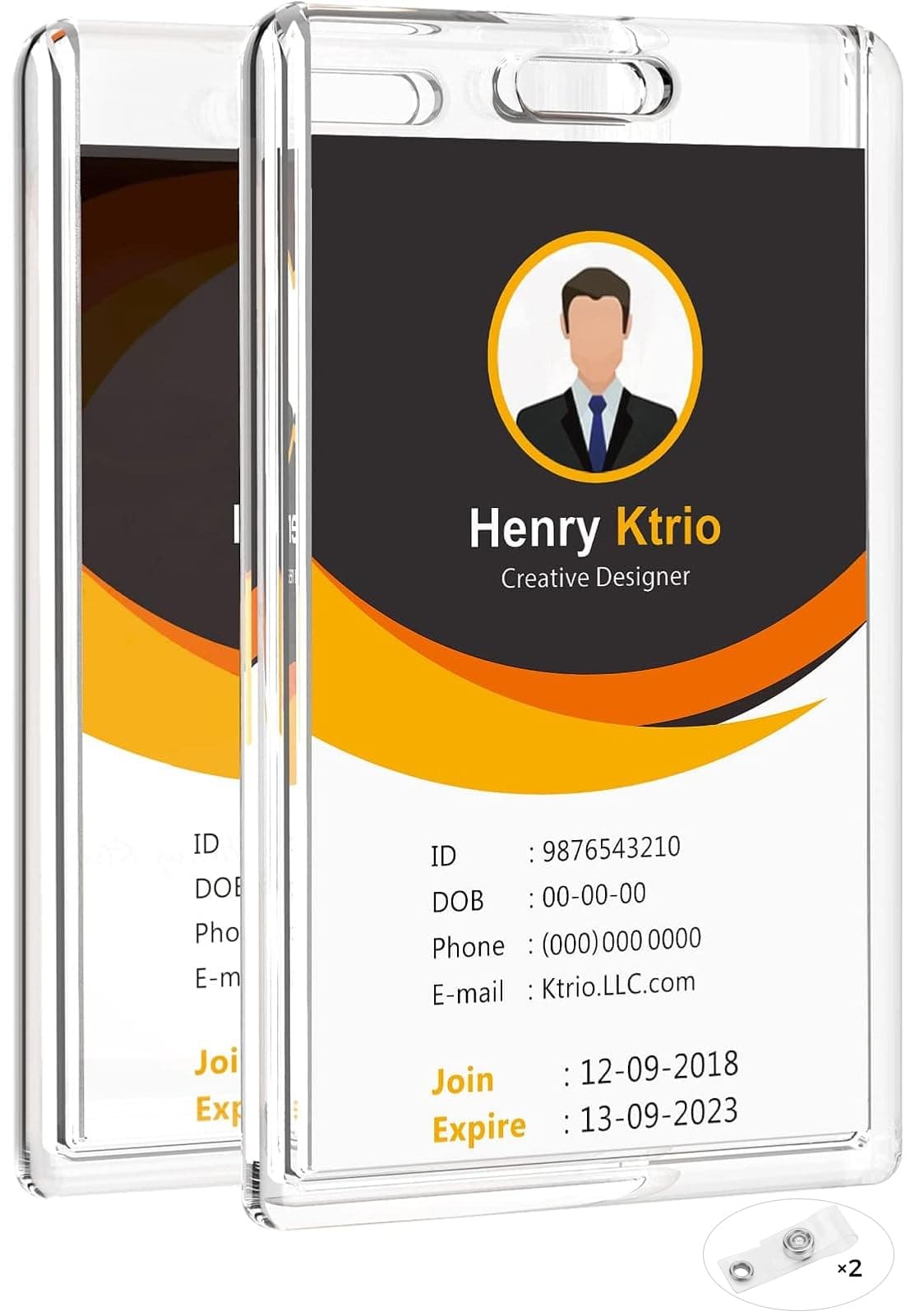 KTRIO ID Badge Holder, Clear Acrylic Card Holder with Thumb Slot, Holds 2 Cards, Vertical Badge Holder for Nurses, Students, Office Staff, 2 Pack