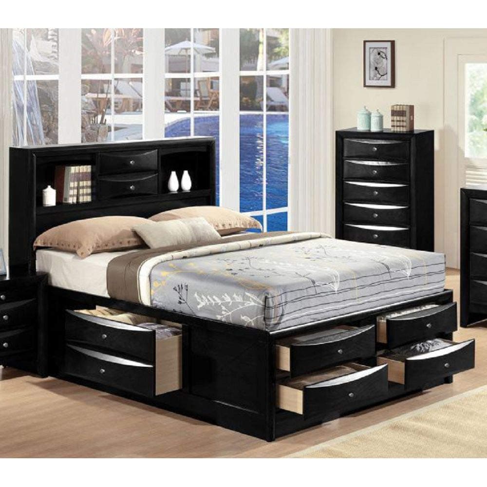 Contemporary Wood Storage Bed Frame Queen Size with 8 Storage Drawers, Bookcase Headboard for Master or Guest Room No Box Spring Required Easy Assembly (Queen Bed, Black)