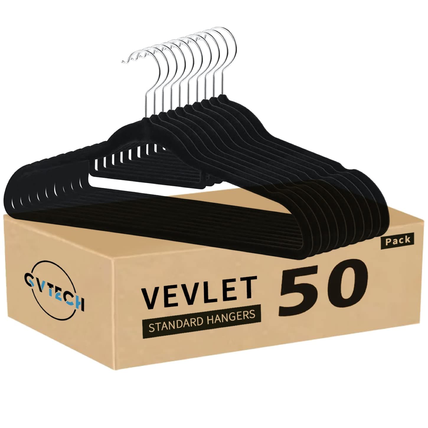 Premium Velvet Hangers, [50 Pack] Non Slip and Heavy Duty Velvet Suit Hangers (45cm) with Tie Bar, 360° Swivel Hooks, Sturdy to Hold Jumper, Pullovers, Jackets & Hoodies (50 Pack, Black)