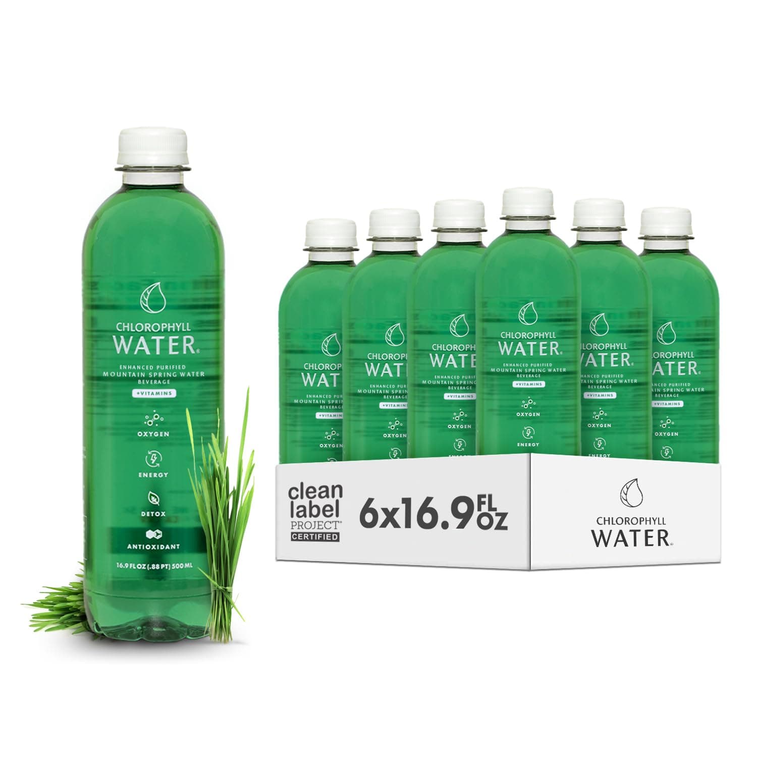- Chlorophyll Water (6-pack) Certified Clean Label, Chlorophyll Liquid Drops in Purified Water, Beauty Drink for Glowing Skin, Anti-Aging & Natural Detox with Plant-Based Vitamins A, B12, C, D3 (16.9oz)