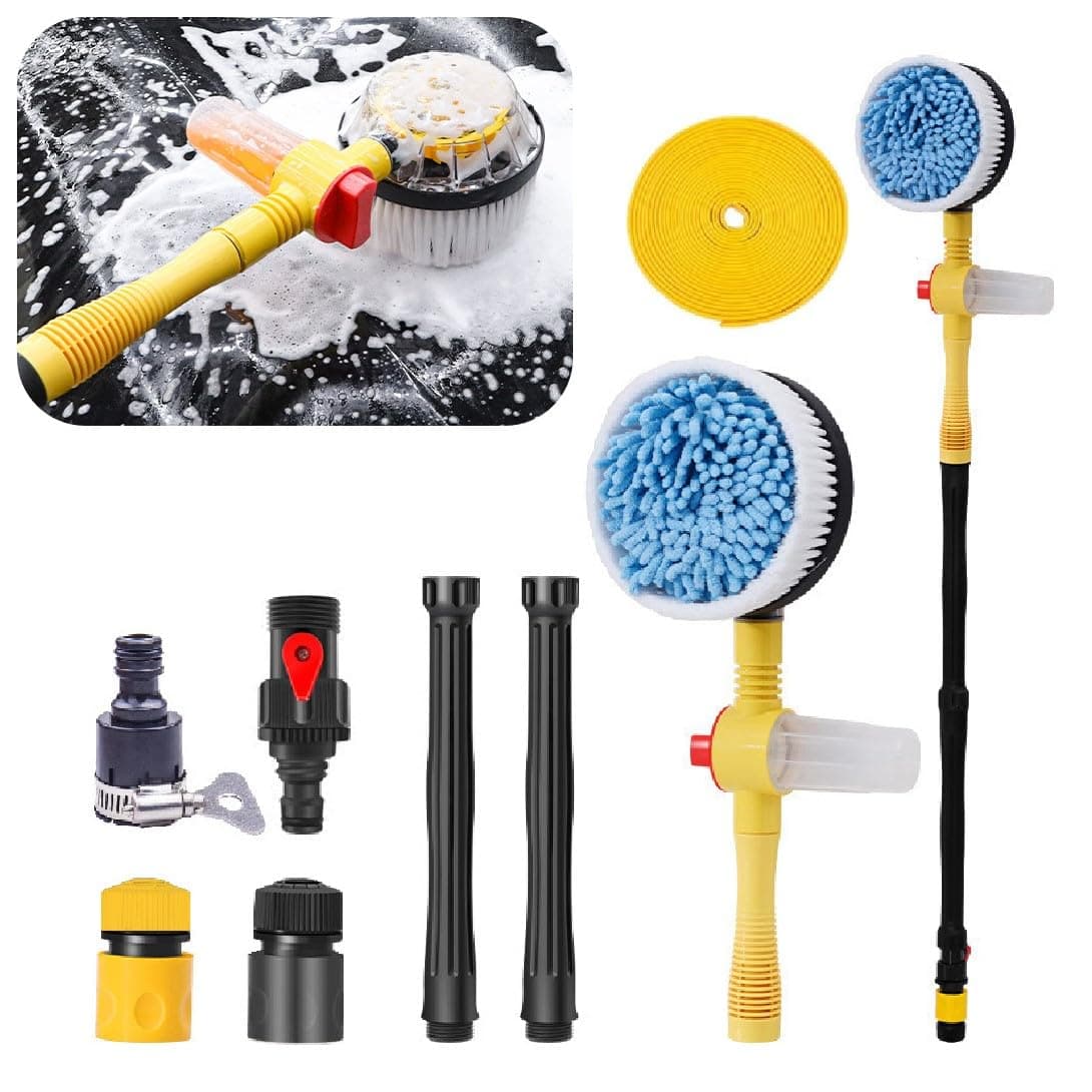 Rotating Car Wash Brush, 360° Spin Auto Cleaning Brush with Long Handle, Detachable Washing Brush with Soft Chenille Bristles Universal for Most Vehicles, Car Accessories (Brush+5m Hose)