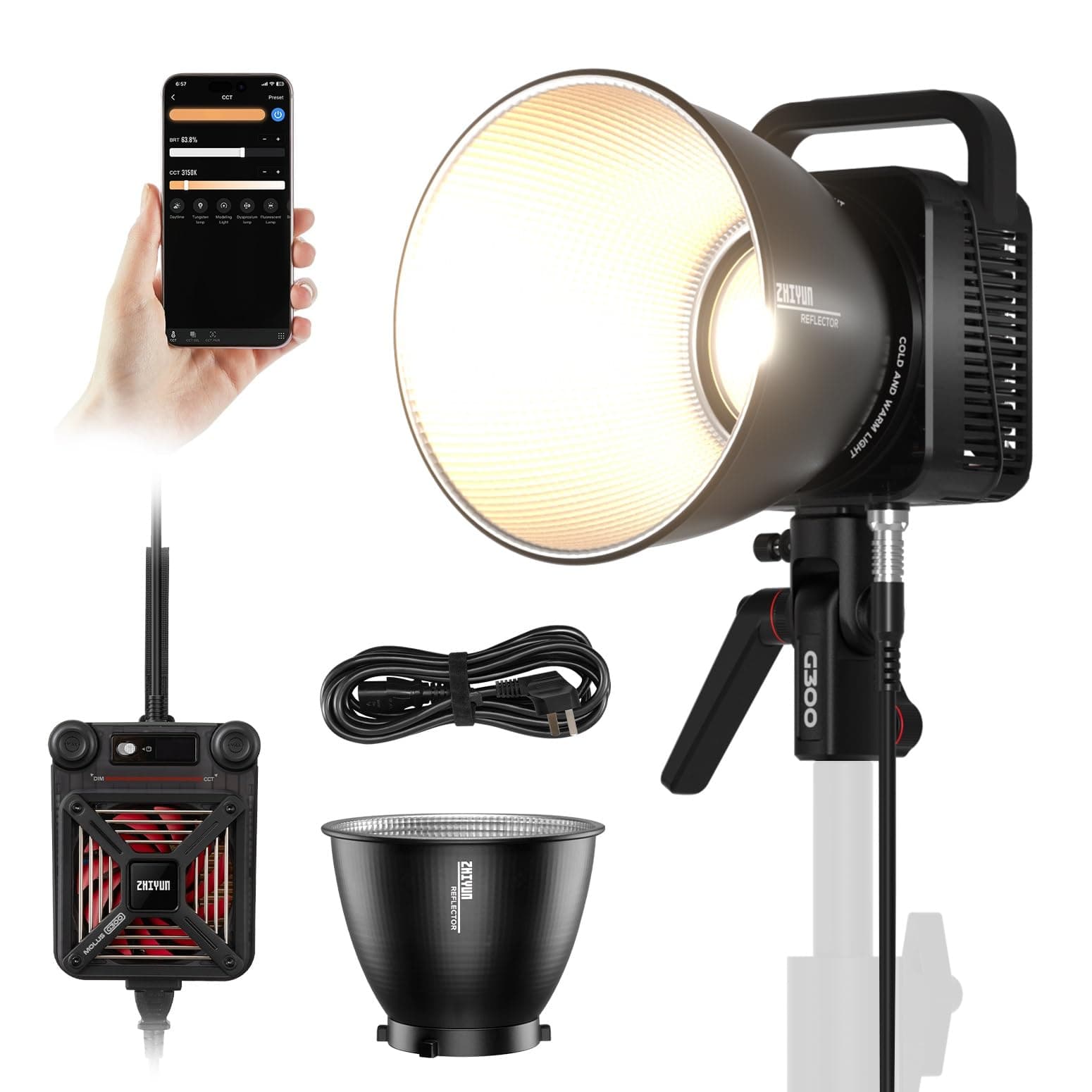- ZHIYUN MOLUS G300 [Official], 300W COB Bi-Color LED Video Light, Bowens Mount, 500W MAX Extreme Mode, App Control, Ultra Quiet, 2700K-6500K, CRI 95+ TLCI 97+ 15500Lux/1M,14 Lighting Effects