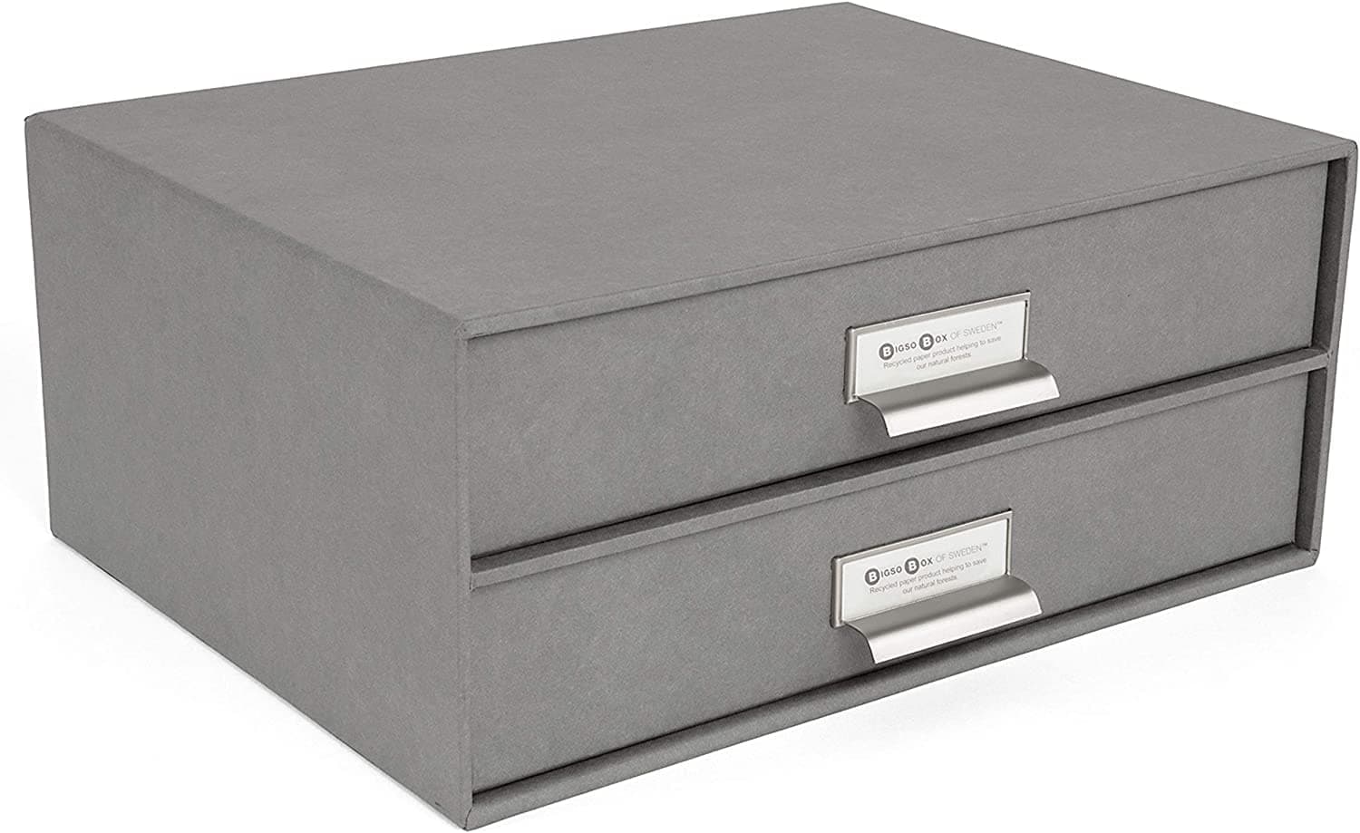 Birger 2-Drawer Fiberboard Label Frame Document Letter Box for Loose Papers, Documents and More | Desktop Storage Drawers w/Metal Label Holder | 13.1" x 10" x 5.7" | Grey
