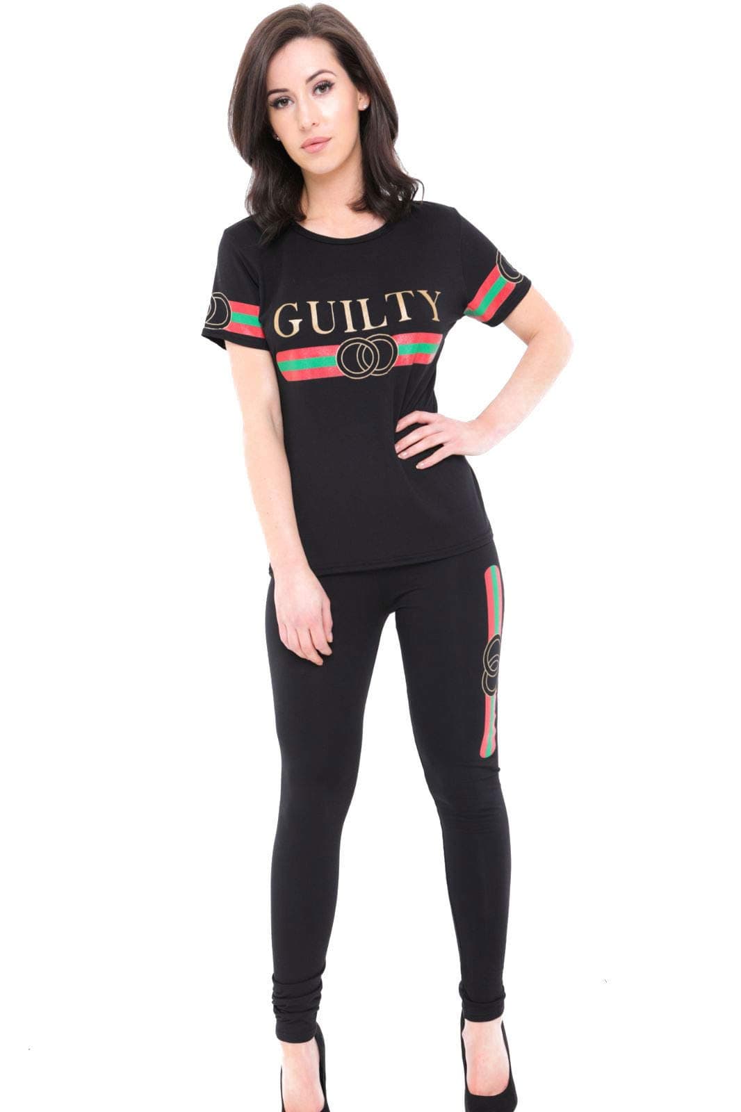 Womens Short Sleeve Guilty Print Tracksuit Ladies TOP & Bottom Loungewear Set