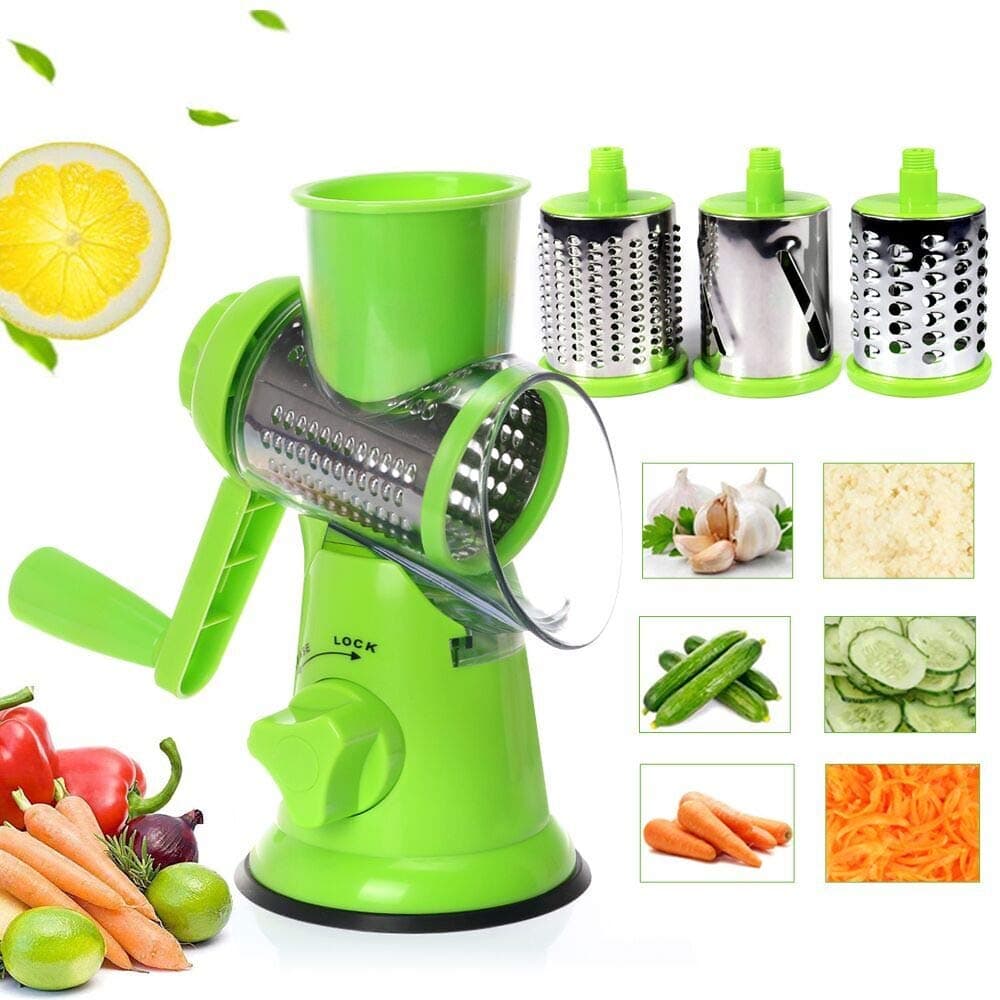 3-Blades Manual Vegetable Mandoline Slicer, Multifunctional Vegetable Fruit Cutter, Cheese Shredder, Rotary Drum Grater Slicer, Round Vegetable Chopper Grinder, Julienne Mandoline Slicer