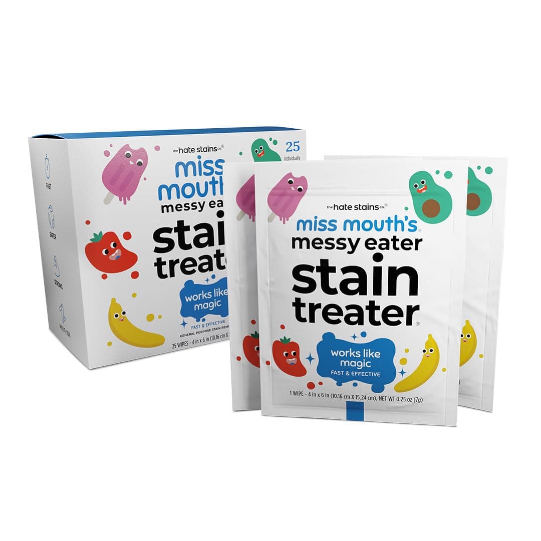 Miss Mouth's Messy Eater Stain Treater Wipes - 25 Pack Stain Remover - Newborn & Baby Essentials - No Dry Cleaning Food, Grease, Coffee Off Laundry, Underwear, Fabric
