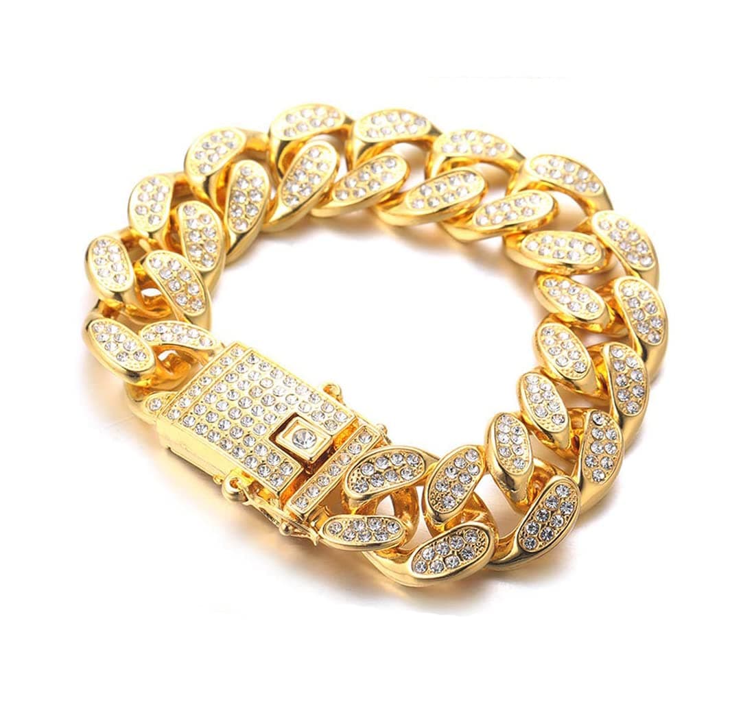 Cuban Link Bracelet for Men - Hip Hop Necklace Iced Out with Bling Rhinestones, Fashion Accessory for Hip Hop Lovers (Gold)