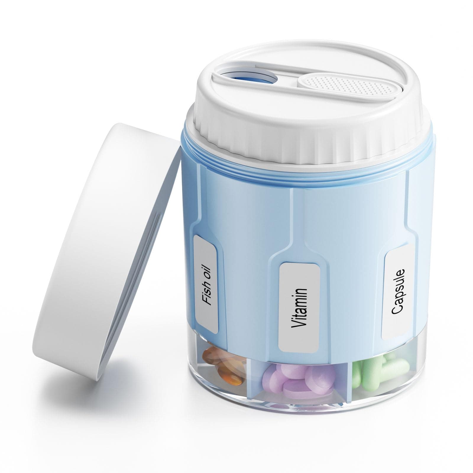 DavikyPill Bottle Organizer, Supplement Organizer with 7 Large Compartments, Travel Pill Dispenser Round Pill Box with Two Lids(Blue)