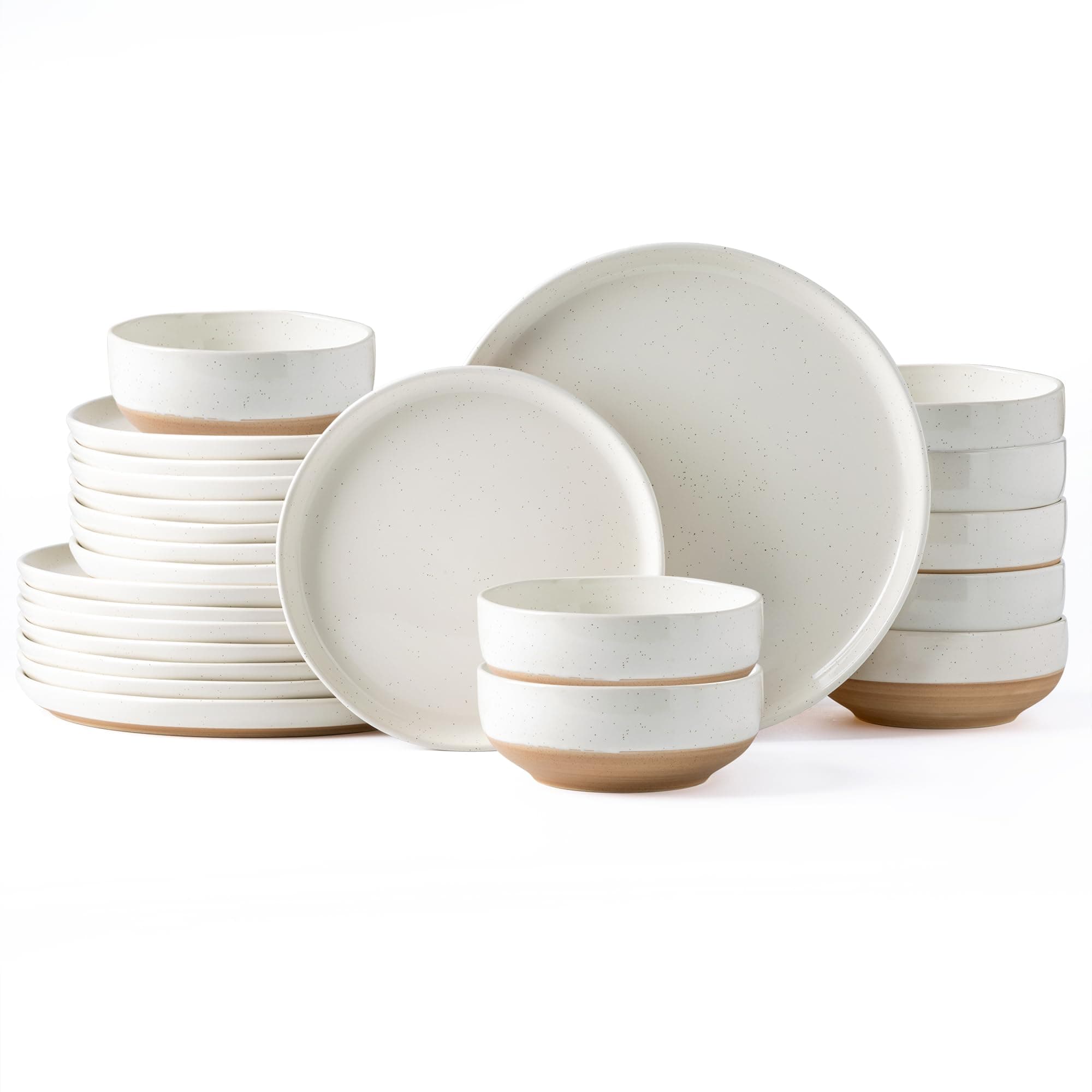 Ceramic Dinnerware Sets for 8, 24 Pieces Handpainted Plates and Bowls Set with Rustic Terracotta Underside, Scratch Resistant Stoneware Dishes Set, Dishwasher & Microwave Safe, Light Beige