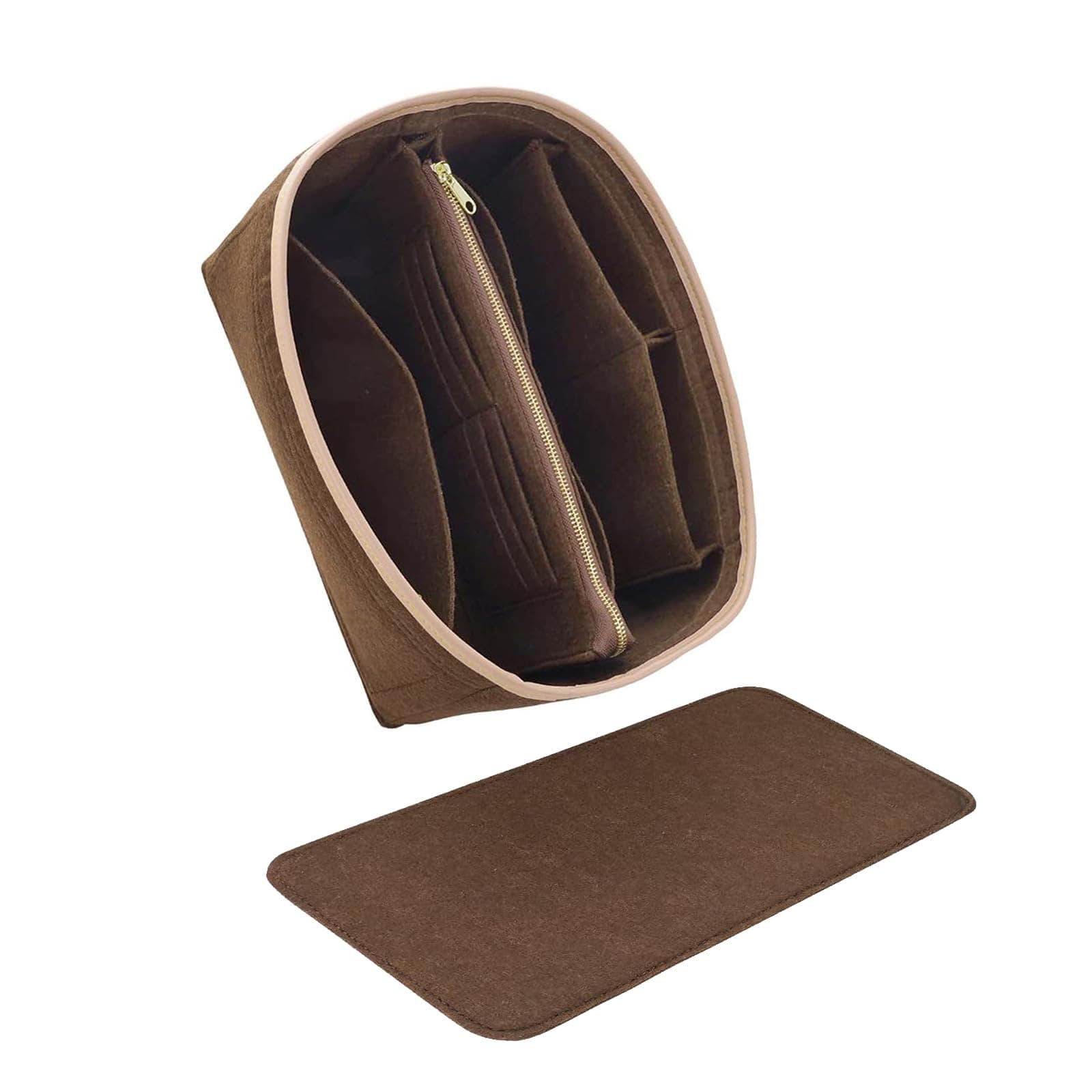 LOUKAYCCI Purse Organizer & Base Shaper fit Speedy 30 & Neverfull MM, Felt Bag Organizer Insert for Handbags with Metal Zipper [Bag in Bag] (Large, Brown)