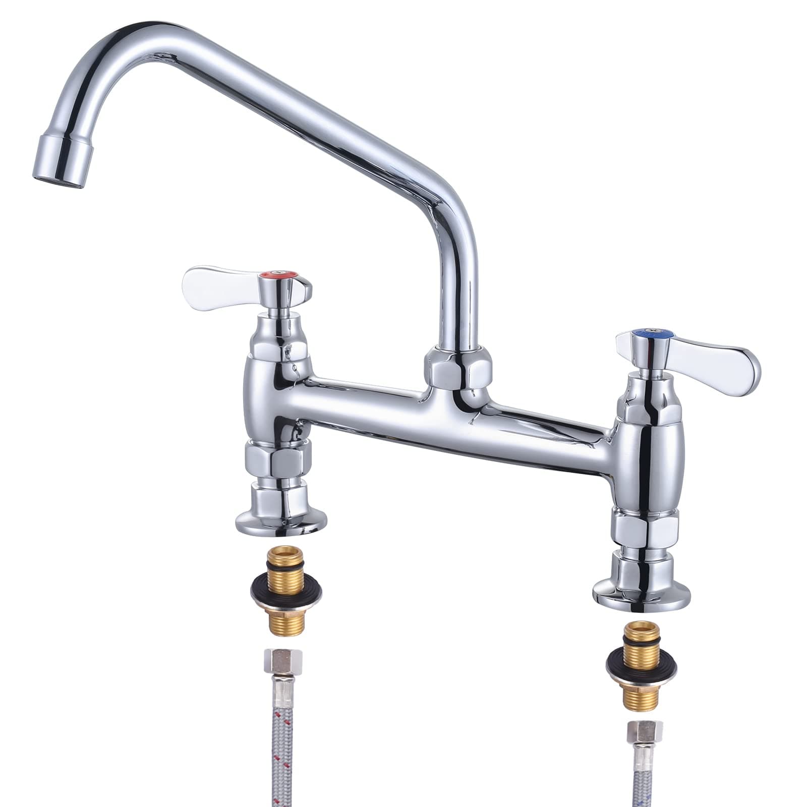Commercial Sink Faucet with 10” Swivel Spout & Supply Lines, 8" Center Deck Mount Kitchen Faucet, Dual Handles Brass Utility Sink Faucet for Laundry Room Restaurant Compartment Sink, Polish