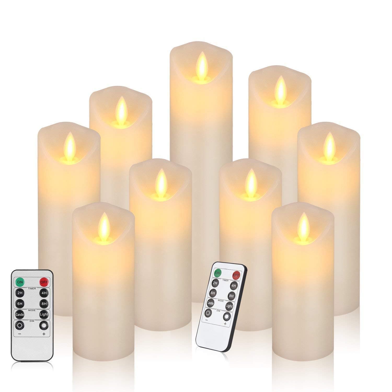 HANZIM LED Candles,Flameless Candles Φ 2.2" x H 4"/5"/6"/7''/8''/9'' Real Wax Battery Candle Pillars, 10 Key Remote Control with 24 Hour Timer Function (Ivory) (1 * 9)