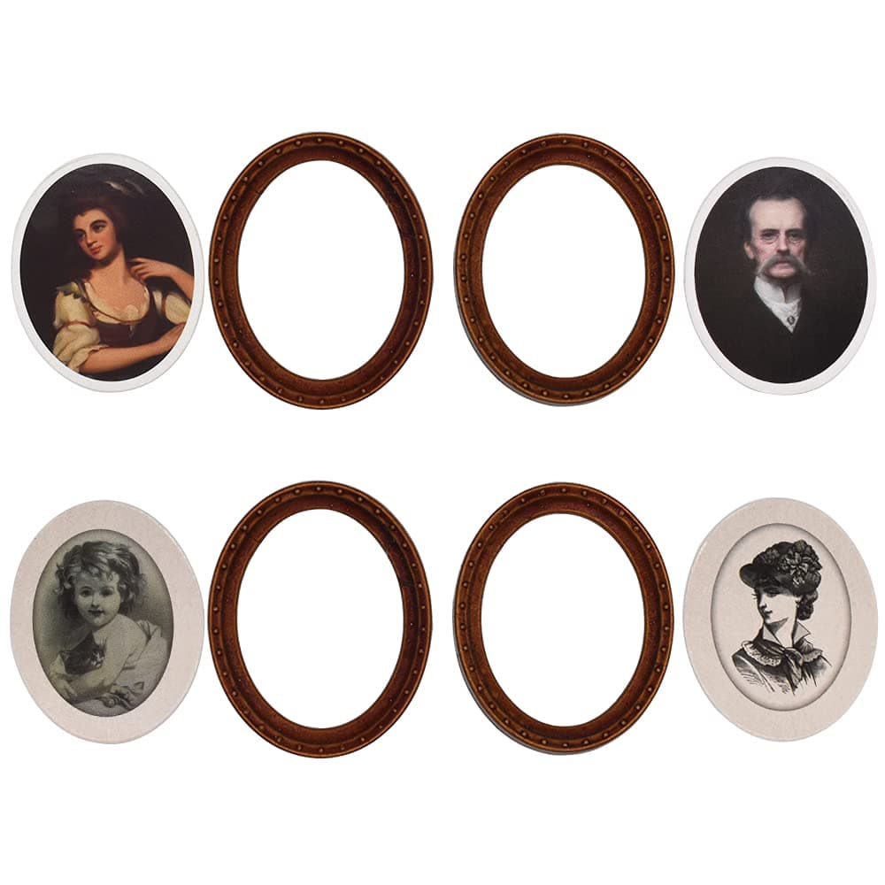 iLAND Miniature Dollhouse Accessories, 4 Dollhouse Picture Frames Set w/Printed Paintings (4 Dark Brass Oval Frames w/ 4 Portraits)