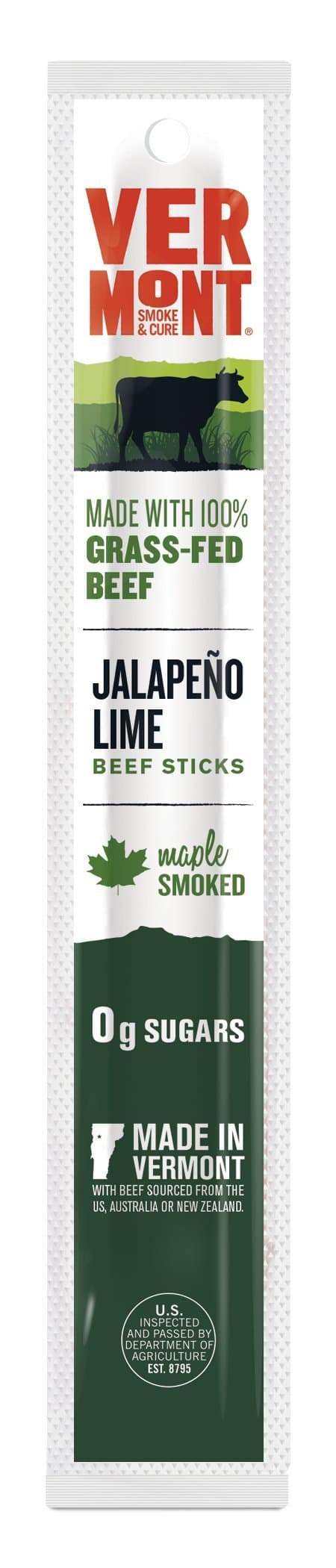Vermont Smoke & Cure Grass Fed Beef Jerky Sticks, Jalapeno Lime, 1oz Stick