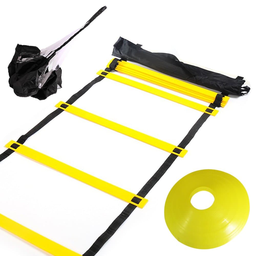 Huvai 6m 12 Rungs Agility Ladder Training With A Resistance Parachute, 12 Yellow Disc Cones, A carry bag