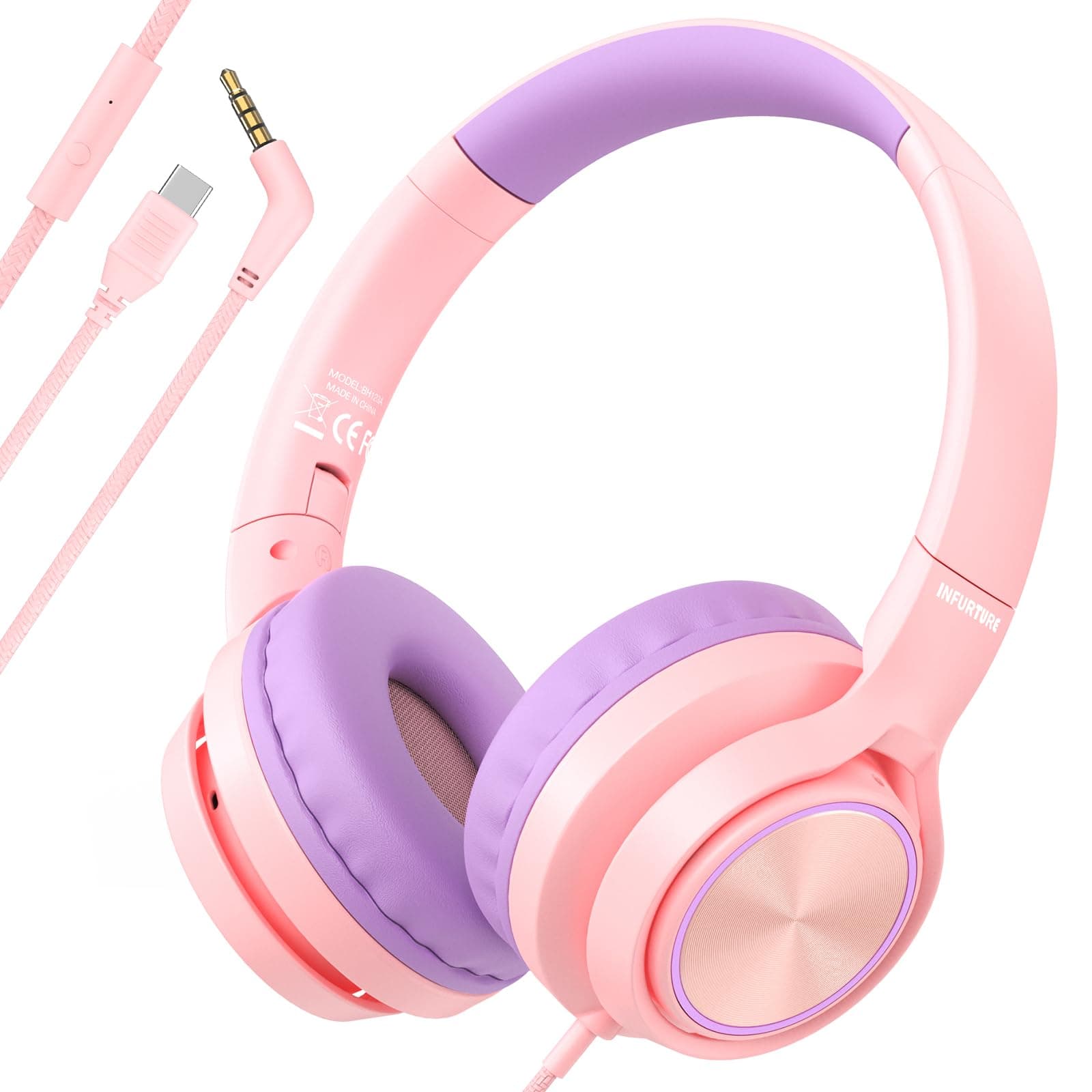 INFURTURE Toddler Headphones CH5 USB C/3.5mm Kids Headphone with Mic for Boys/Girls, Line Control,Volume Limit 94dB,On Ear/Wired Headphones for School,Travel,for Cellphones,Tablets,Kindle (Pink)