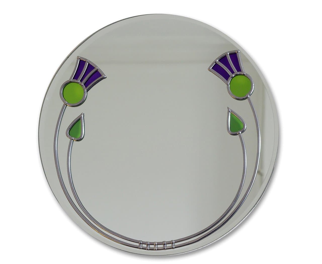 Art Deco Thistles and Buds Round Leaded Stained Glass Decorative Medium Size Wall Mirror
