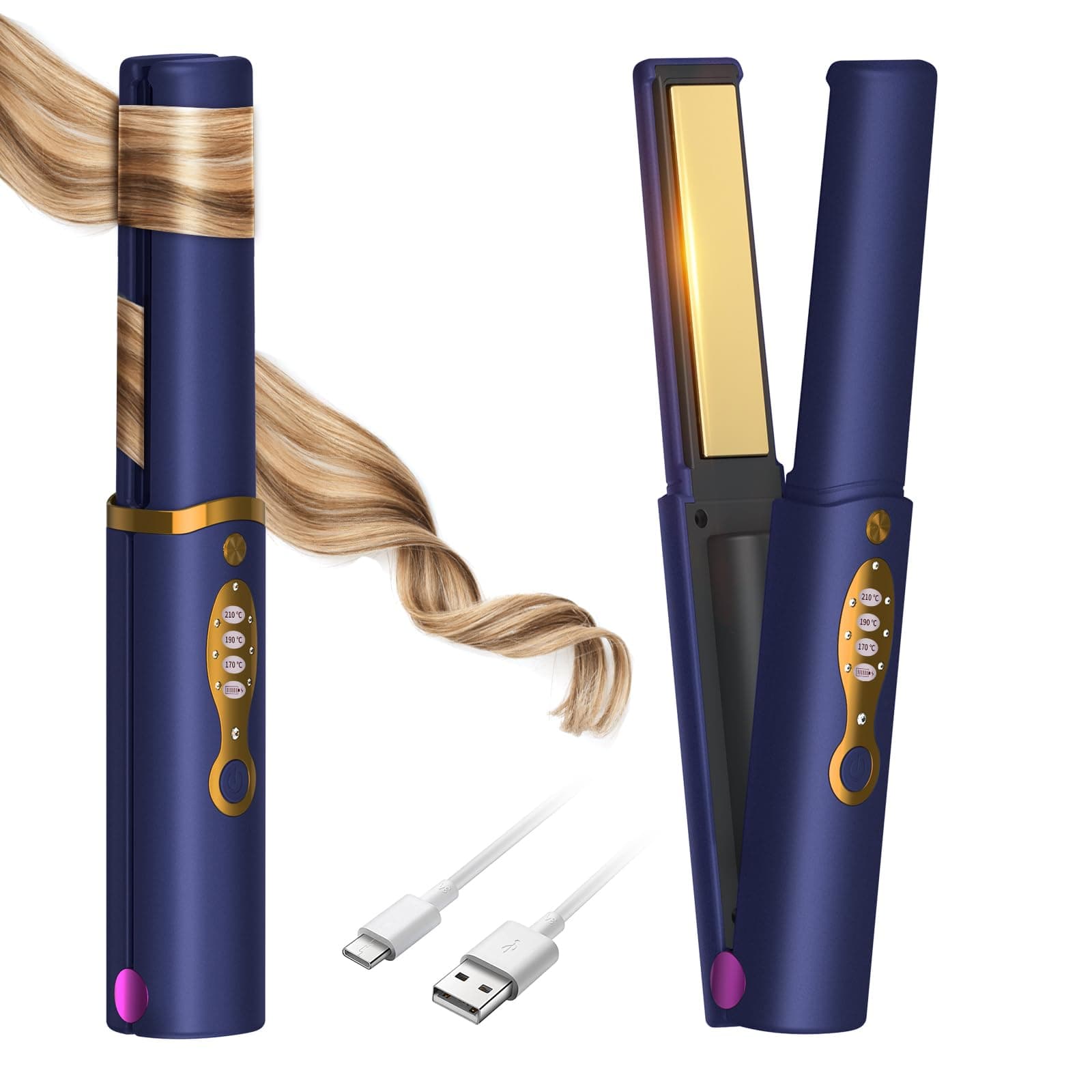 OBEST Cordless Hair Straighteners 2 in 1, Mini Portable Travel Curler Straightener for Women, Fast Heat Up, Anti-Scald 3-Level Rechargeable Flat Iron for Glossy Hair