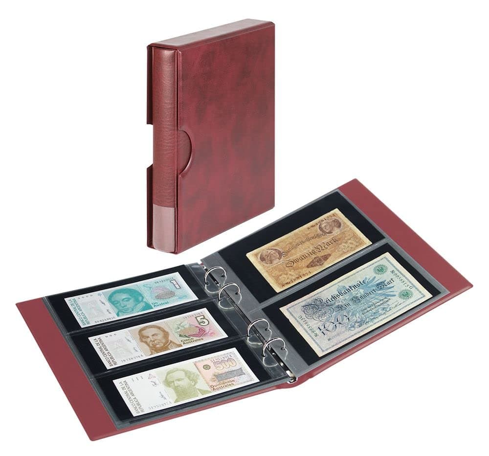 Banknote Album RONDO [Lindner S1406BN] with 10 crystal clear Multi collect pages in 2 different layouts, incl. slipcase, Colour: wine red