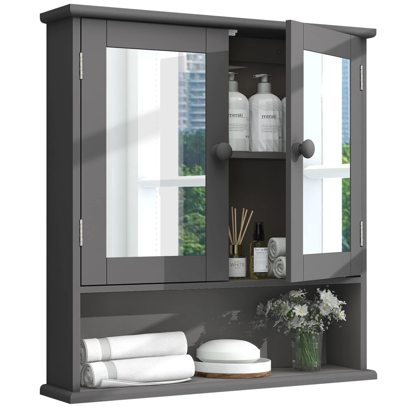 TaoHFE Grey Medicine Cabinet with Mirror, 2 Doors & 3 Open Shelves - Wall Mounted Wooden Storage Cabinet for Bathroom, Laundry or Kitchen