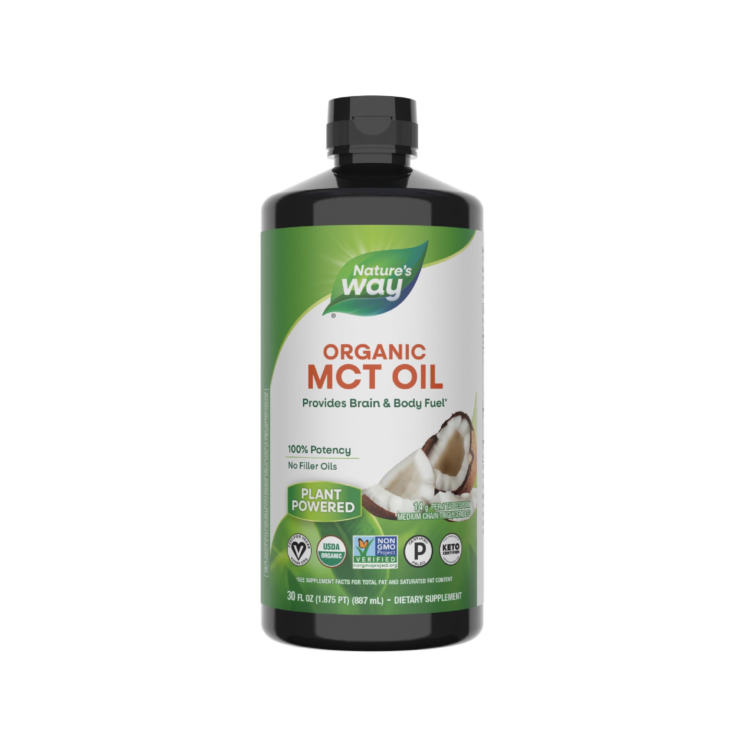 Nature’s Way Organic MCT Oil, Brain and Body Fuel*, Liquid Coconut MCT Oil with C8 Caprylic & C10 Capric Acids, 14 g Medium Chain Triglycerides per Serving, Keto & Paleo Certified, Non-GMO, 30 Fl Oz