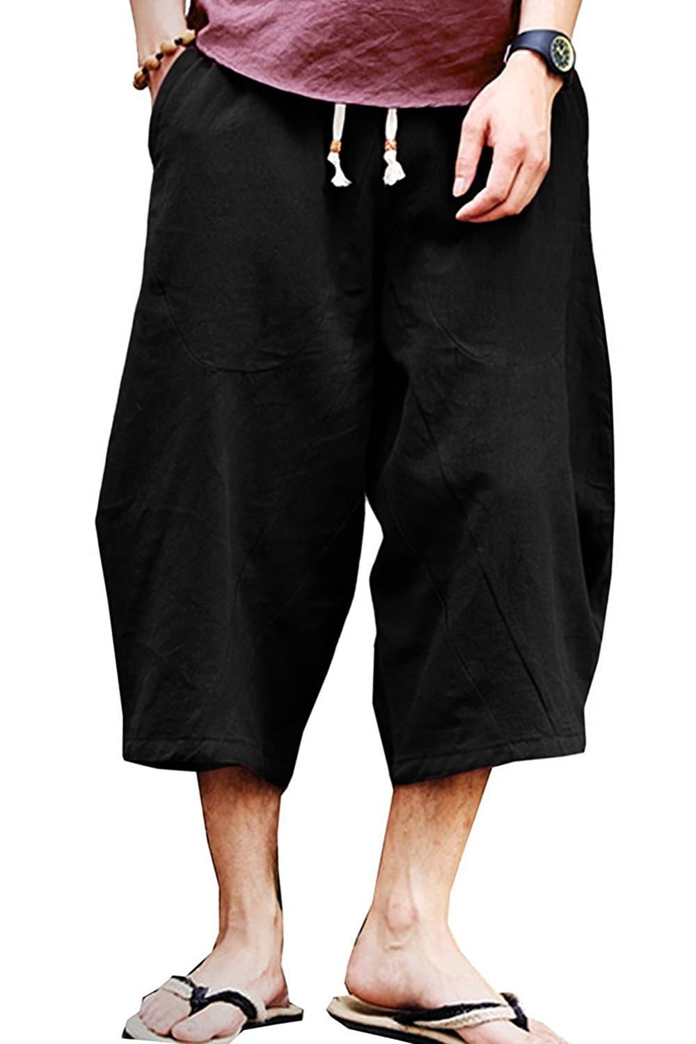 Mens Casual Baggy Cotton Linen Pocket Lounge Harem Pants Beach Long Shorts