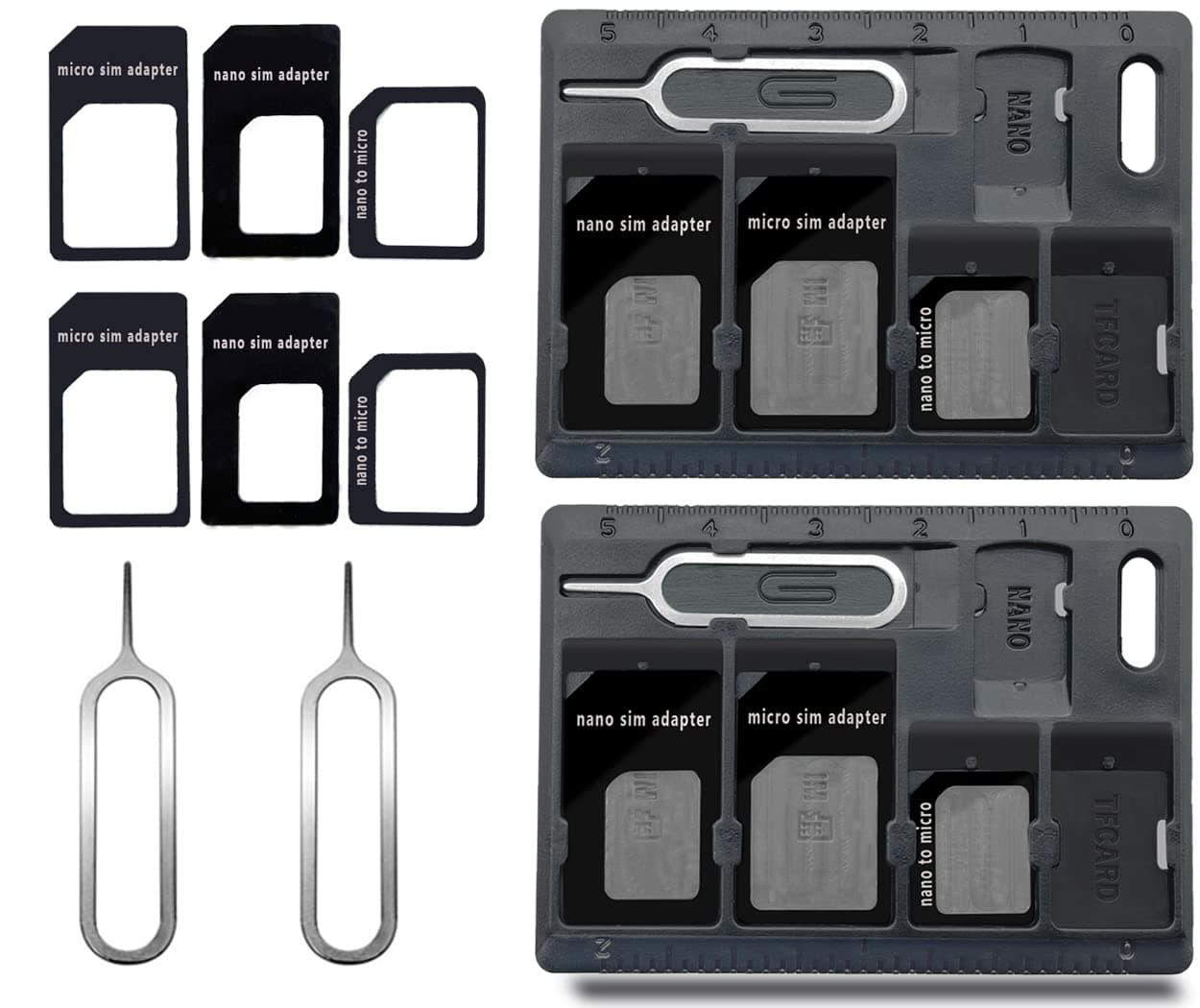 2 Packs SIM Card Holders with Tray Opener Pins, Card Storage Tool Set for Standard Micro Nano Micro-SD Memory Cards, with 3 Card Adapters and 1 Eject Pins - Black