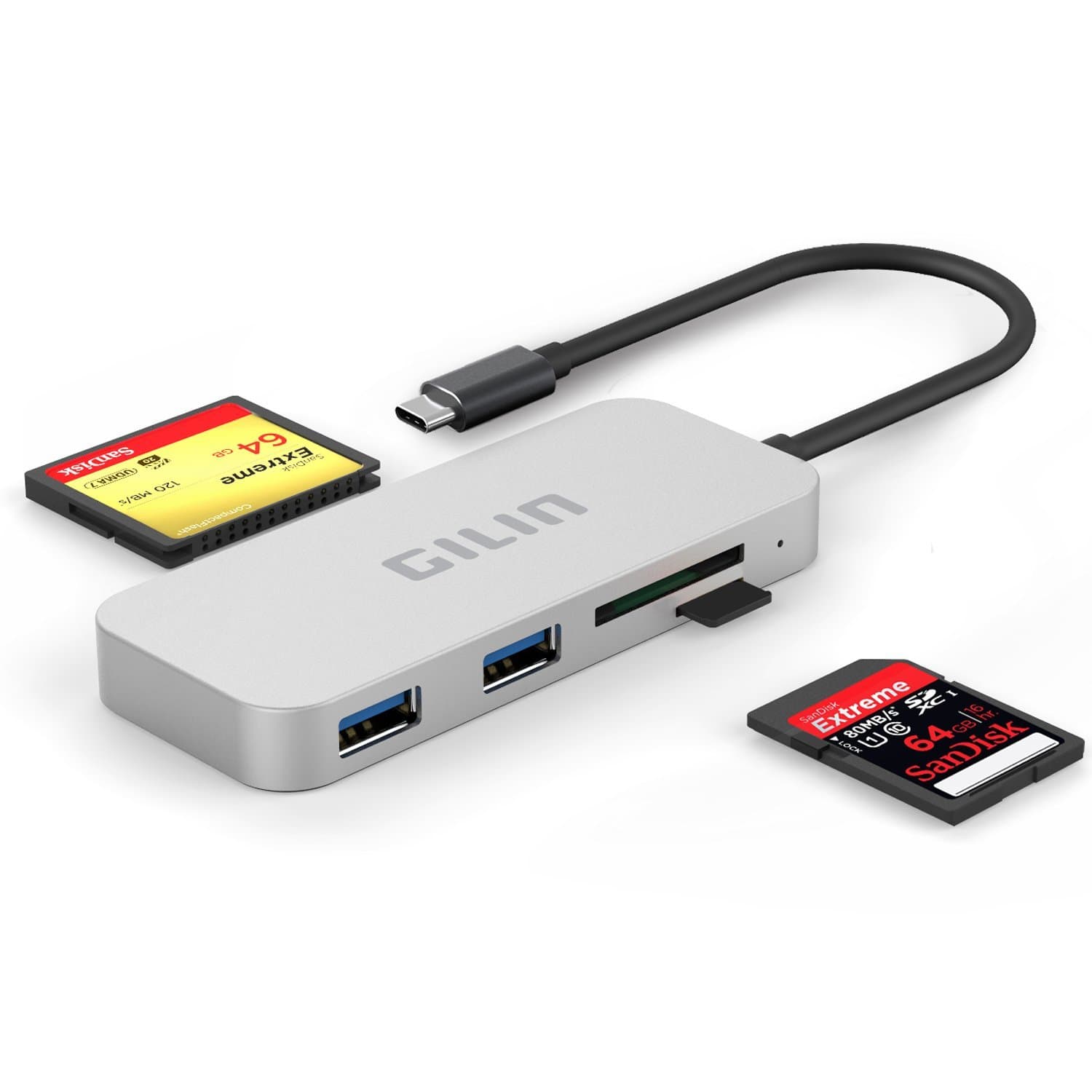 SD Card Reader, GILIN USB C Adapter with Micro SD/SD/CF Flash Memory Card Reader USB C and 2*USB 3.0 Ports Hub for 2016 MacBook Pro and more USB C Devices