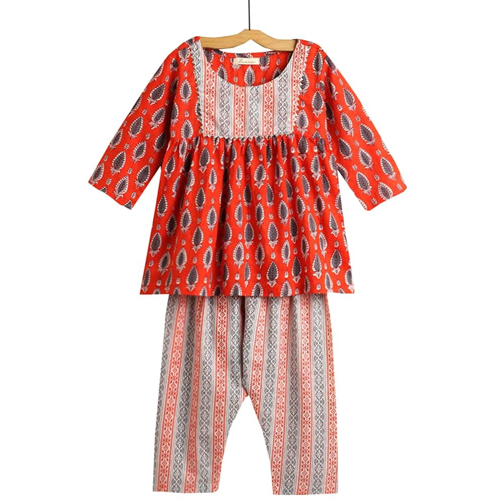 Baby Girls Cotton Printed Full Sleeves Printed Kurta Pyjama Set in Orange Color