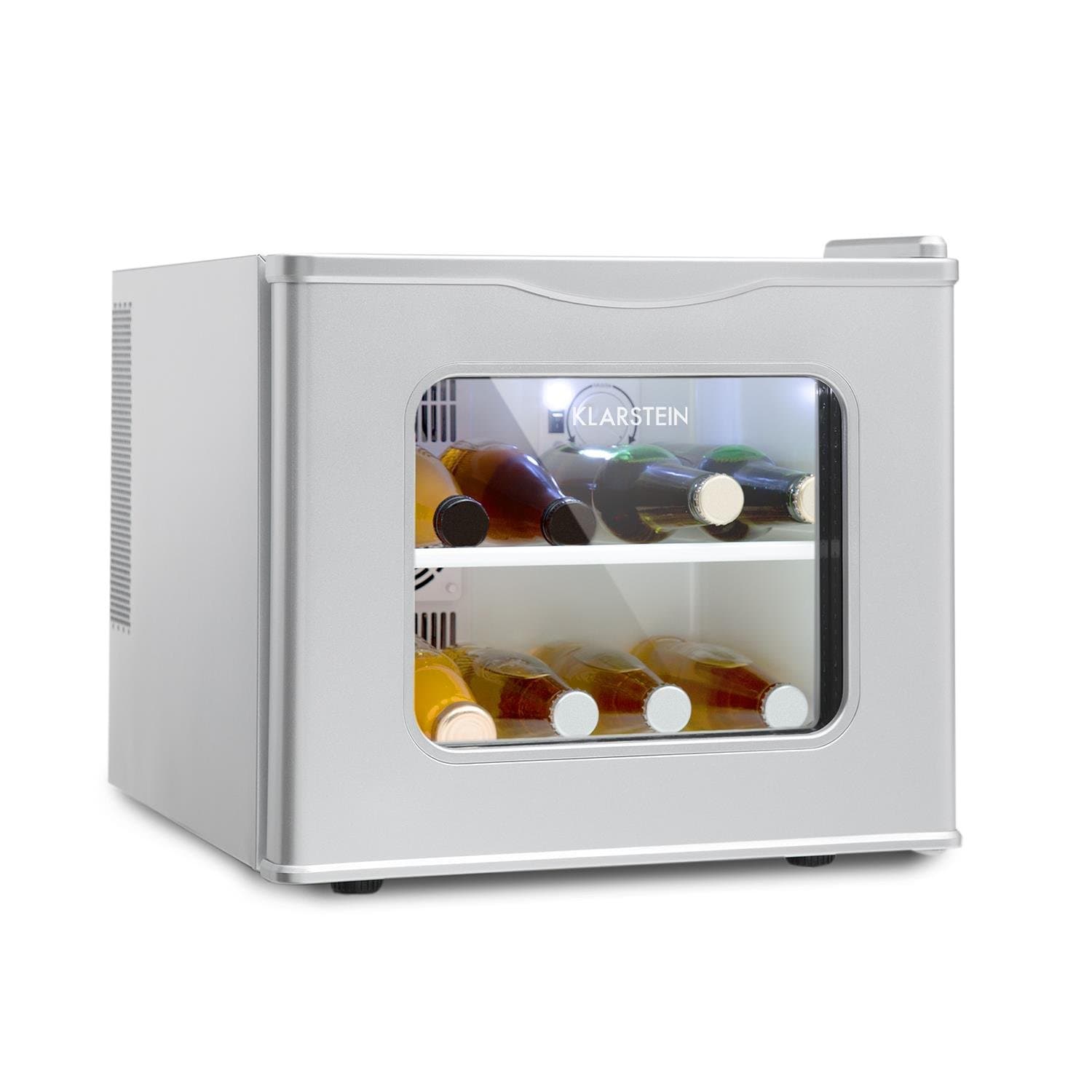 KLARSTEIN Winehouse Mini Bar - 17 l, 60 W, Class A ++, 38 dB, Glass Door, Temperature 8-18 ° C, Low Noise, Double Glazing, Stainless Steel Housing, Compact, Silver