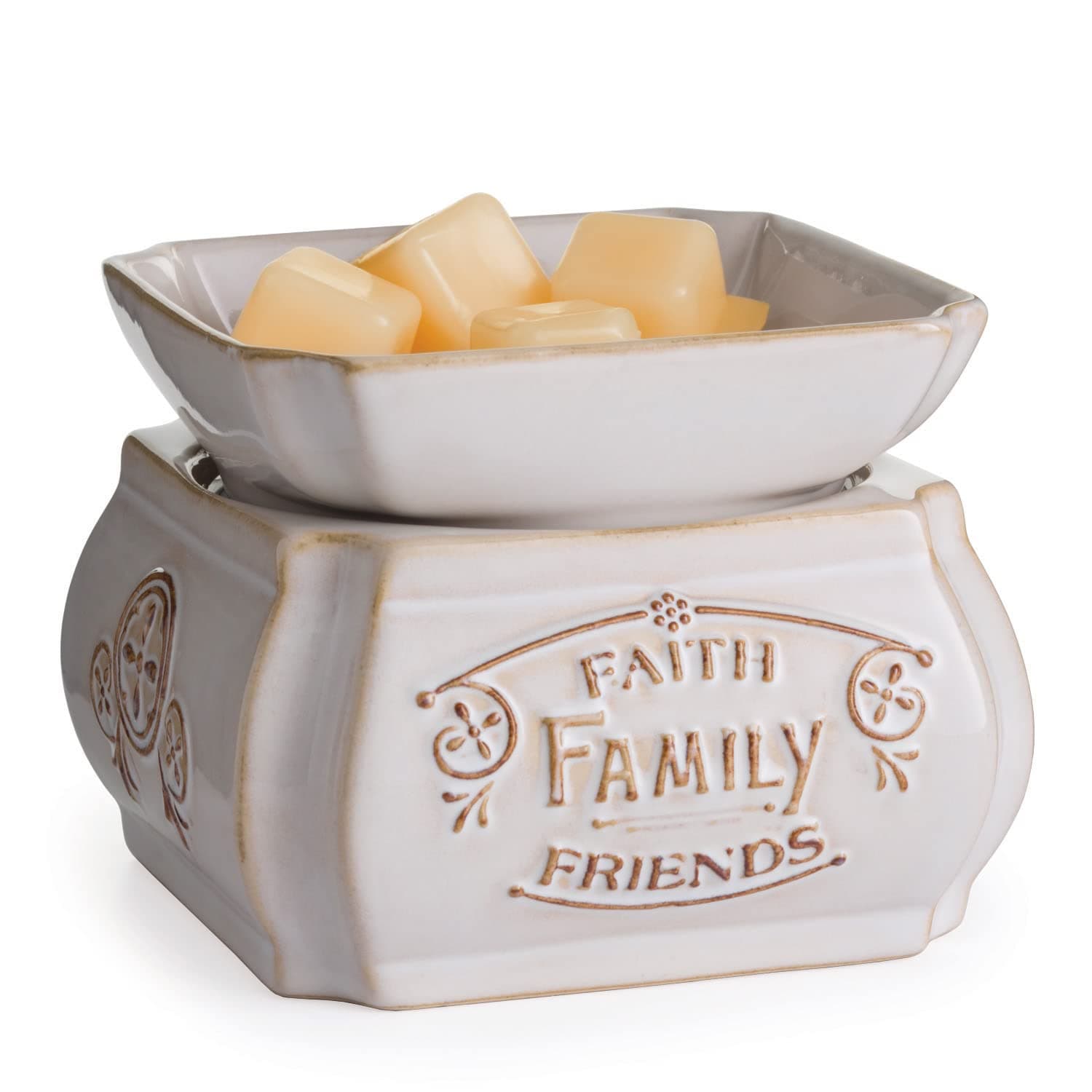 Candle Warmers ETC 2-in-1 Candle and Fragrance Warmer for Warming Scented Candles or Wax Melts and Tarts with to Freshen Room, Faith, Family, Friends Quote