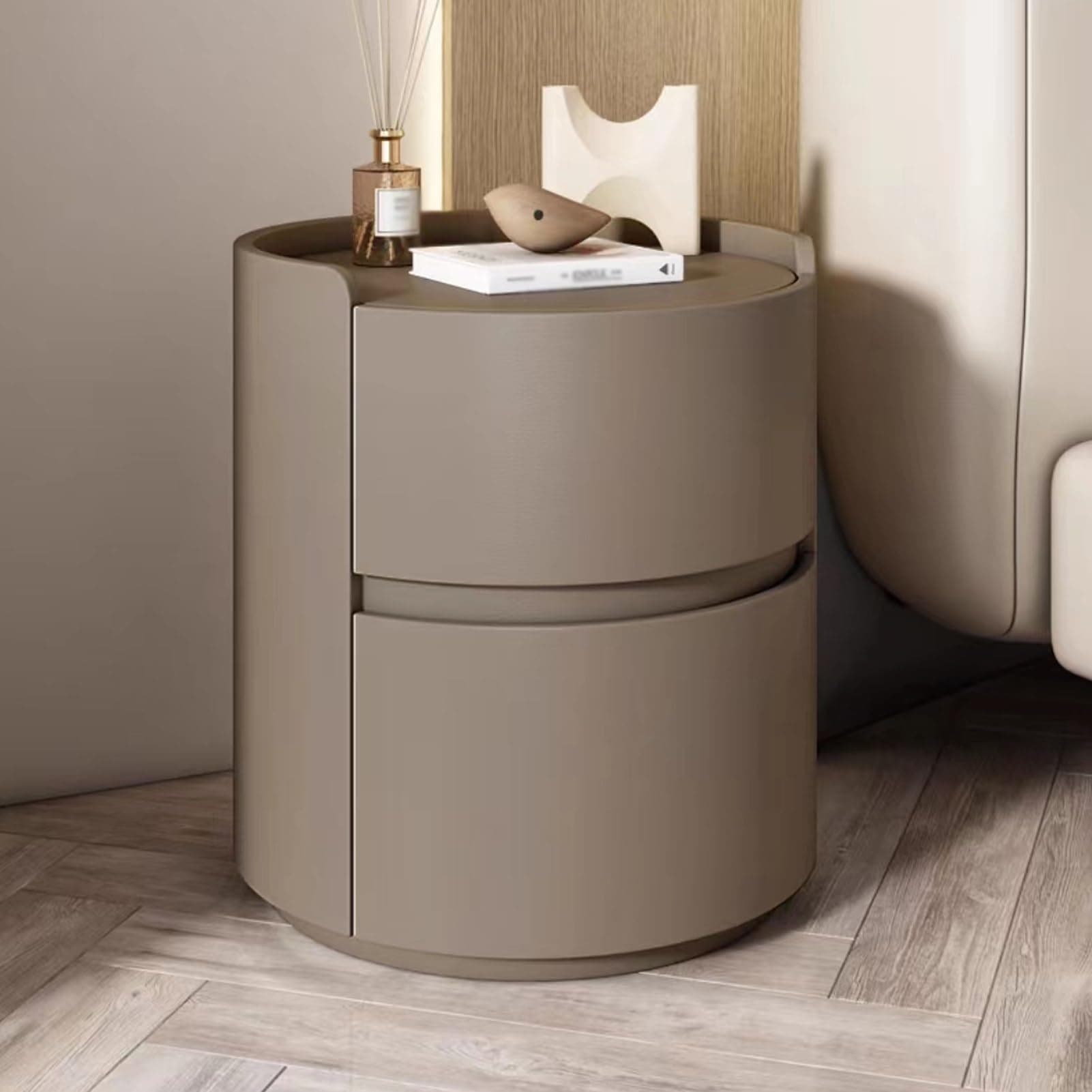 ERICAT Round Night Stand Nightstand, Wooden Bedside Table for Bedroom, Outer Leather Bedside Table, Nightstand Storage Living Room end Tables Drawer Shelf Bed Side Table(Dark brown,45x45x50cm)